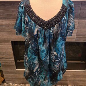 Maurices Blue Peacock Feather Print Beaded Blouse